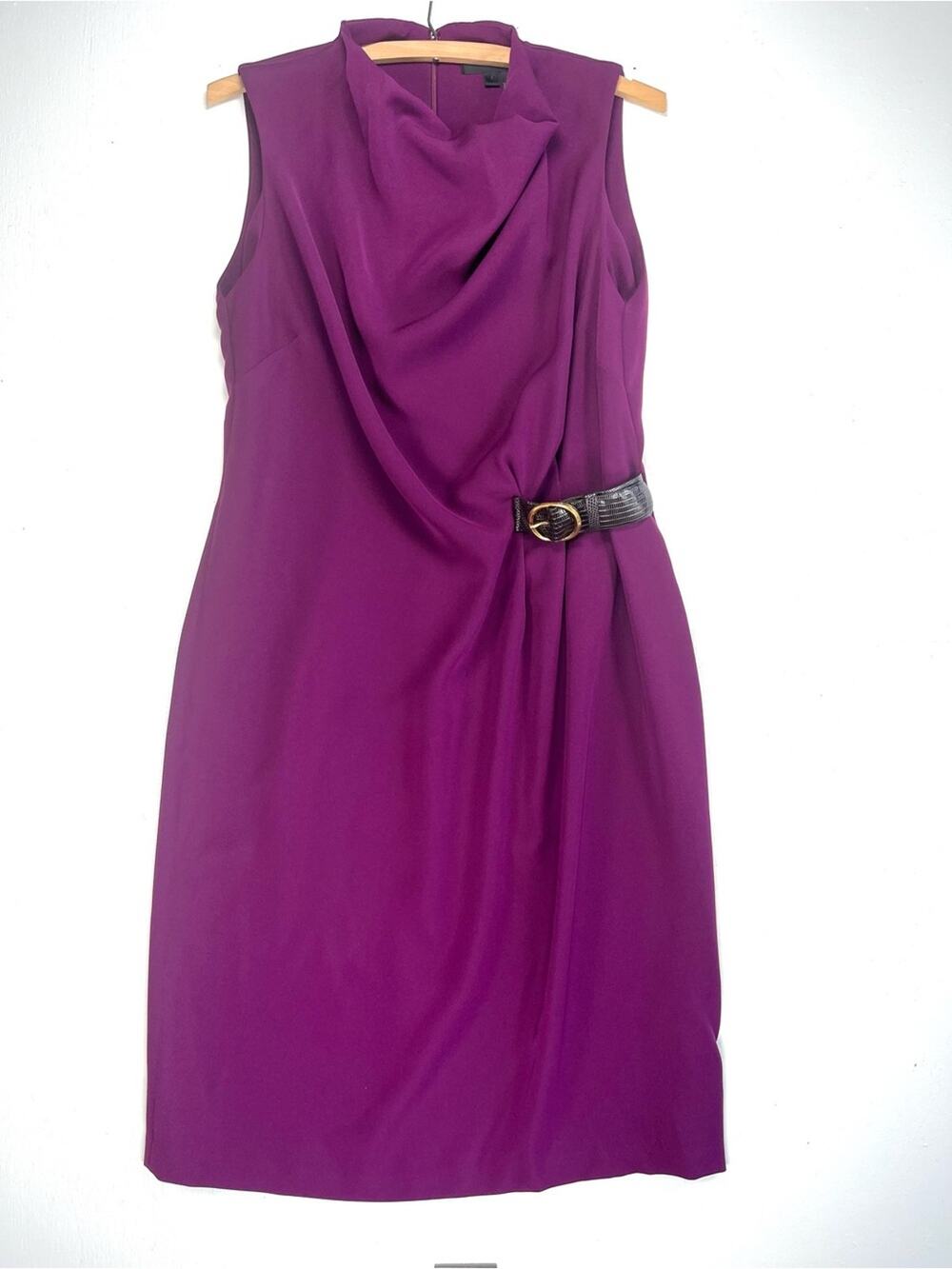 Donna Karan Purple Dress Sleeveless Cowl Neck Draped Midi Belt Accent Medium